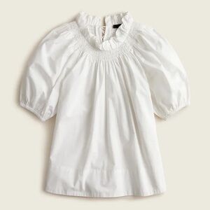 J.CREW// Smocked Neck Puff-Sleeve Cotton Poplin Top in White
